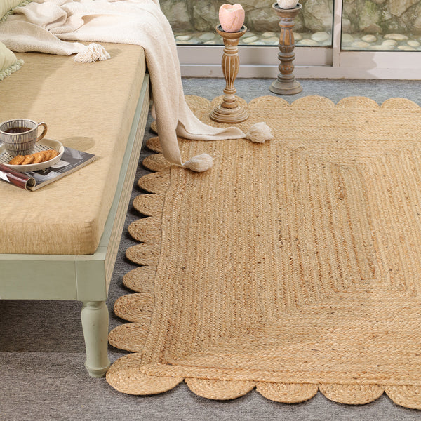 Handwoven Natural Jute Scalloped Area Rug | Eco-Friendly Handmade Braided Rug | Boho Farmhouse Floor Carpet