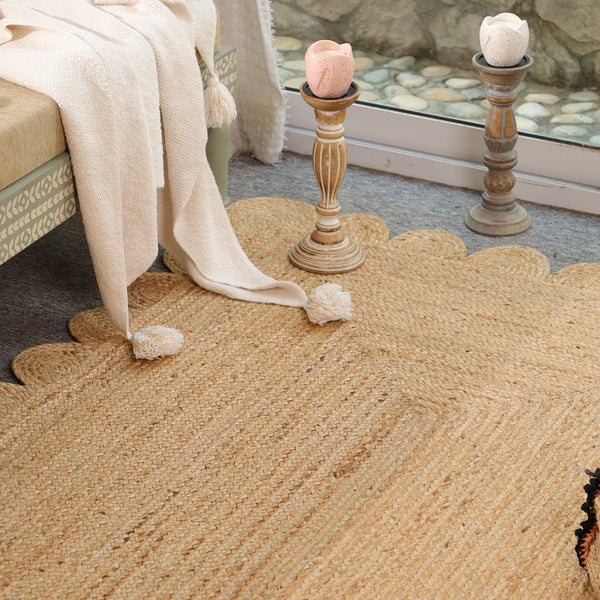 Handwoven Natural Jute Scalloped Area Rug | Eco-Friendly Handmade Braided Rug | Boho Farmhouse Floor Carpet