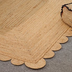 Handwoven Natural Jute Scalloped Area Rug | Eco-Friendly Handmade Braided Rug | Boho Farmhouse Floor Carpet