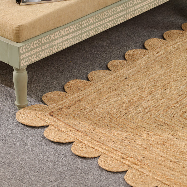 Handwoven Natural Jute Scalloped Area Rug | Eco-Friendly Handmade Braided Rug | Boho Farmhouse Floor Carpet