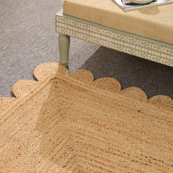 Handwoven Natural Jute Scalloped Area Rug | Eco-Friendly Handmade Braided Rug | Boho Farmhouse Floor Carpet