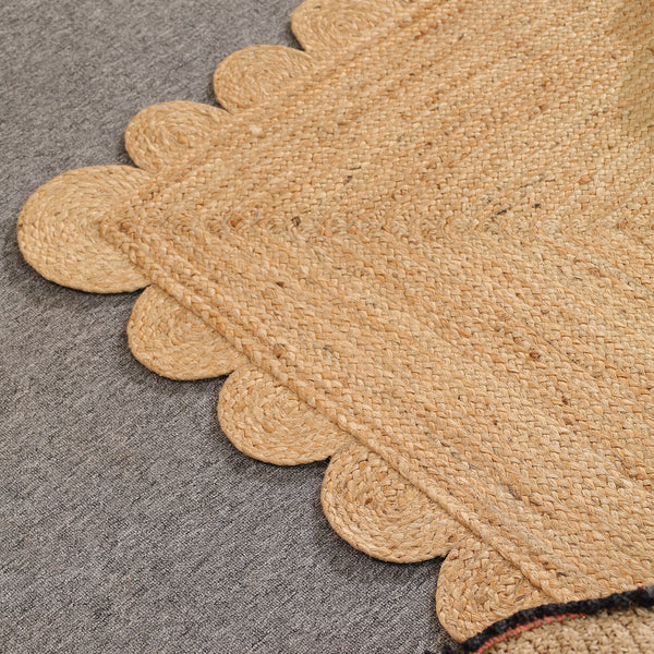 Handwoven Natural Jute Scalloped Area Rug | Eco-Friendly Handmade Braided Rug | Boho Farmhouse Floor Carpet