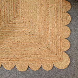 Handwoven Natural Jute Scalloped Area Rug | Eco-Friendly Handmade Braided Rug | Boho Farmhouse Floor Carpet