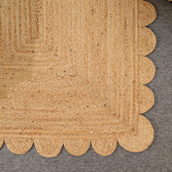 Handwoven Natural Jute Scalloped Area Rug | Eco-Friendly Handmade Braided Rug | Boho Farmhouse Floor Carpet