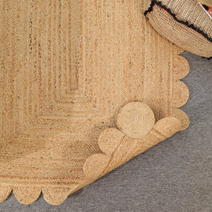Handwoven Natural Jute Scalloped Area Rug | Eco-Friendly Handmade Braided Rug | Boho Farmhouse Floor Carpet