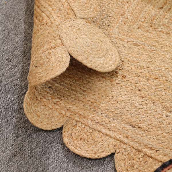 Handwoven Natural Jute Scalloped Area Rug | Eco-Friendly Handmade Braided Rug | Boho Farmhouse Floor Carpet