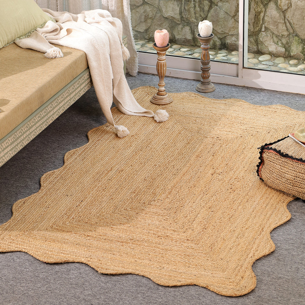 Handwoven Natural Jute Scalloped Edge Rug | Handmade Eco-Friendly Braided Area Rug | Boho Farmhouse Floor Carpet
