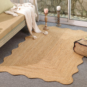 Handwoven Natural Jute Scalloped Edge Rug | Handmade Eco-Friendly Braided Area Rug | Boho Farmhouse Floor Carpet