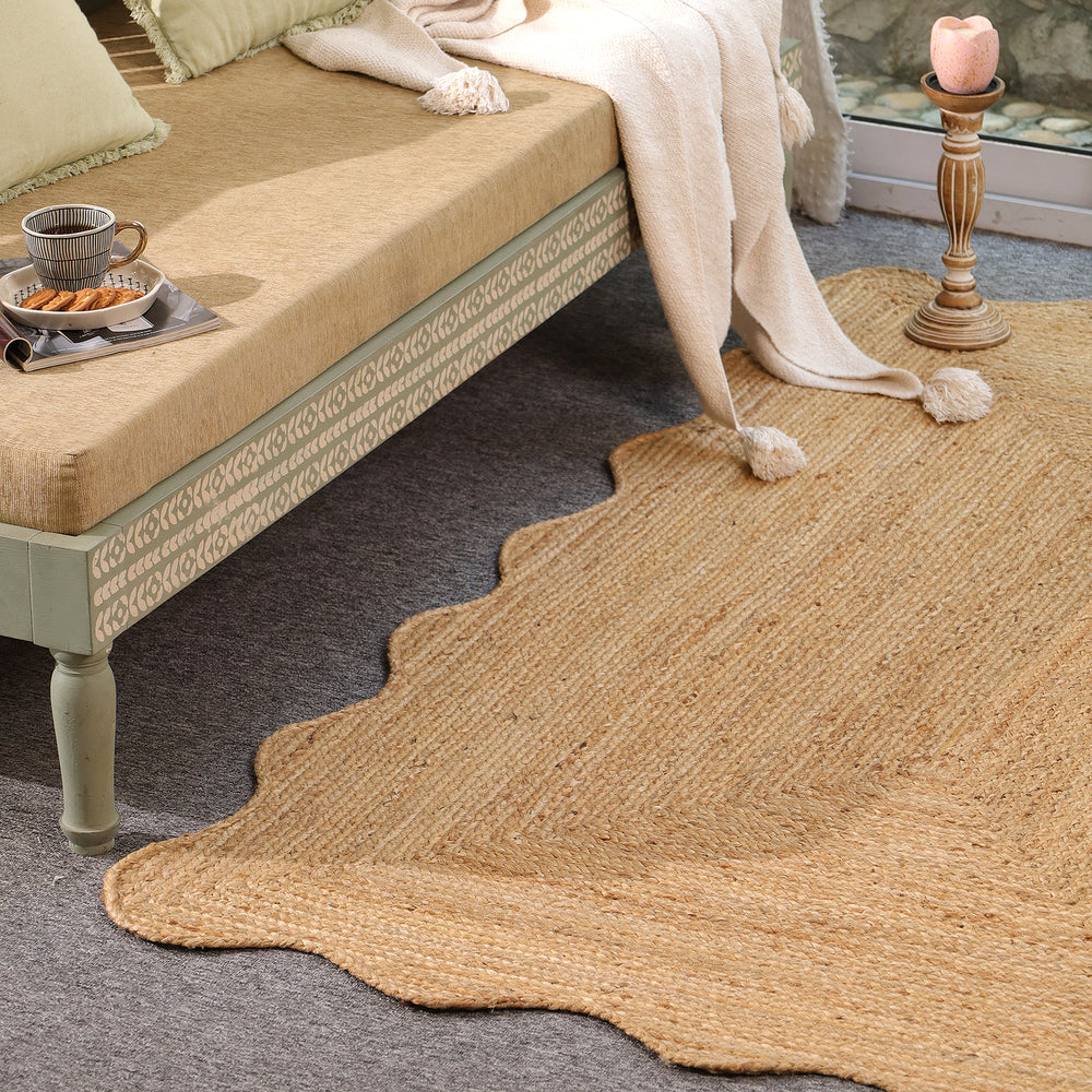 Handwoven Natural Jute Scalloped Edge Rug | Handmade Eco-Friendly Braided Area Rug | Boho Farmhouse Floor Carpet