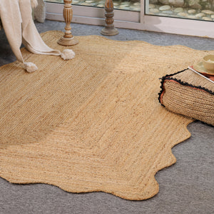 Handwoven Natural Jute Scalloped Edge Rug | Handmade Eco-Friendly Braided Area Rug | Boho Farmhouse Floor Carpet