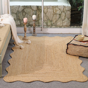 Handwoven Natural Jute Scalloped Edge Rug | Handmade Eco-Friendly Braided Area Rug | Boho Farmhouse Floor Carpet