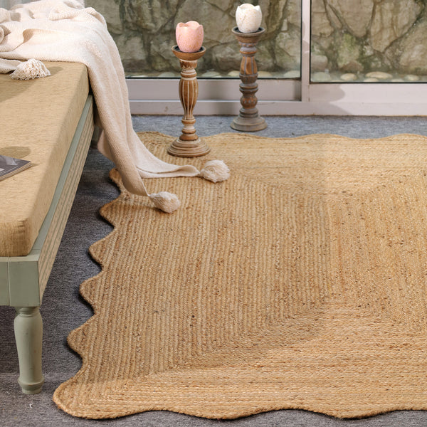 Handwoven Natural Jute Scalloped Edge Rug | Handmade Eco-Friendly Braided Area Rug | Boho Farmhouse Floor Carpet