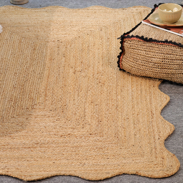 Handwoven Natural Jute Scalloped Edge Rug | Handmade Eco-Friendly Braided Area Rug | Boho Farmhouse Floor Carpet