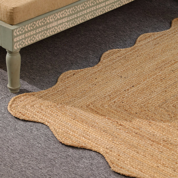 Handwoven Natural Jute Scalloped Edge Rug | Handmade Eco-Friendly Braided Area Rug | Boho Farmhouse Floor Carpet