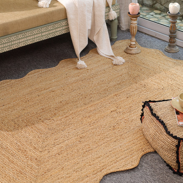 Handwoven Natural Jute Scalloped Edge Rug | Handmade Eco-Friendly Braided Area Rug | Boho Farmhouse Floor Carpet