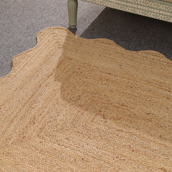 Handwoven Natural Jute Scalloped Edge Rug | Handmade Eco-Friendly Braided Area Rug | Boho Farmhouse Floor Carpet