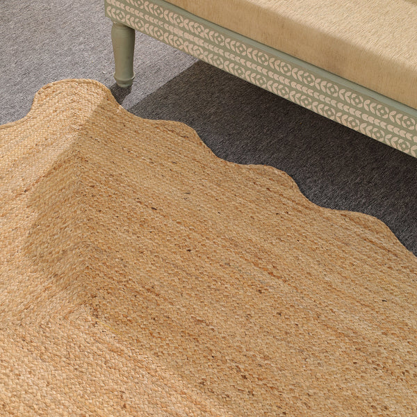 Handwoven Natural Jute Scalloped Edge Rug | Handmade Eco-Friendly Braided Area Rug | Boho Farmhouse Floor Carpet