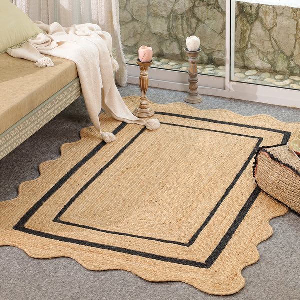 Handwoven Natural Jute Scalloped Border Rug | Handmade Black Border Area Rug | Eco-Friendly Boho Farmhouse Carpet