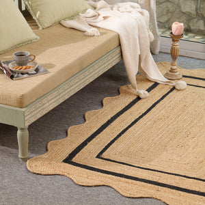 Handwoven Natural Jute Scalloped Border Rug | Handmade Black Border Area Rug | Eco-Friendly Boho Farmhouse Carpet