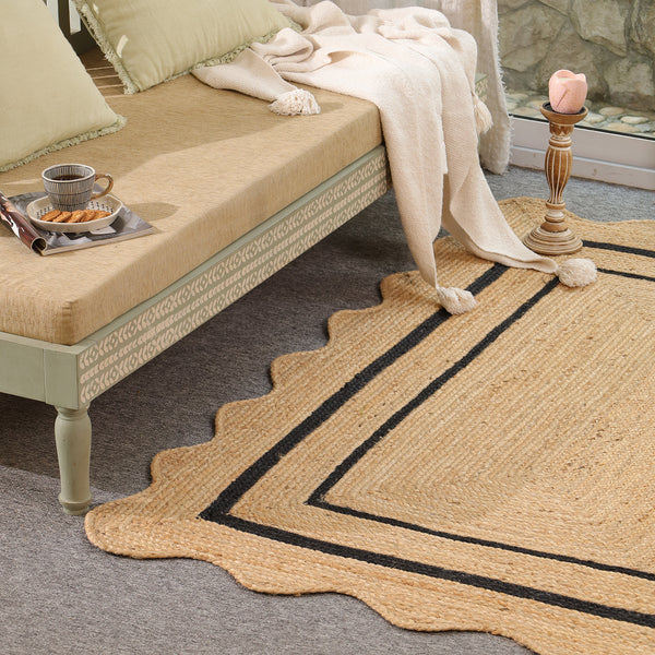 Handwoven Natural Jute Scalloped Border Rug | Handmade Black Border Area Rug | Eco-Friendly Boho Farmhouse Carpet