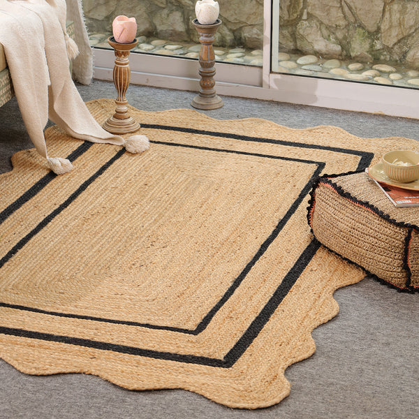 Handwoven Natural Jute Scalloped Border Rug | Handmade Black Border Area Rug | Eco-Friendly Boho Farmhouse Carpet