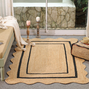 Handwoven Natural Jute Scalloped Border Rug | Handmade Black Border Area Rug | Eco-Friendly Boho Farmhouse Carpet
