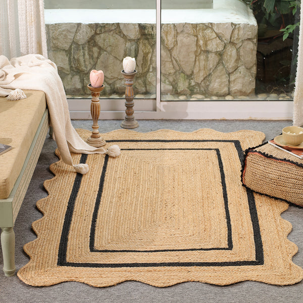 Handwoven Natural Jute Scalloped Border Rug | Handmade Black Border Area Rug | Eco-Friendly Boho Farmhouse Carpet