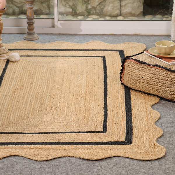 Handwoven Natural Jute Scalloped Border Rug | Handmade Black Border Area Rug | Eco-Friendly Boho Farmhouse Carpet