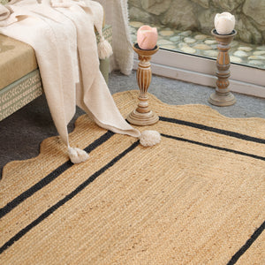 Handwoven Natural Jute Scalloped Border Rug | Handmade Black Border Area Rug | Eco-Friendly Boho Farmhouse Carpet