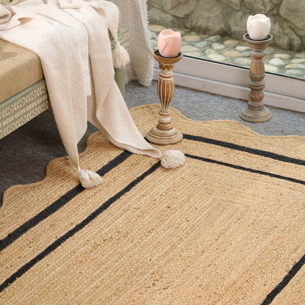 Handwoven Natural Jute Scalloped Border Rug | Handmade Black Border Area Rug | Eco-Friendly Boho Farmhouse Carpet