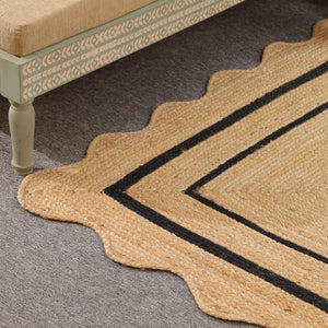 Handwoven Natural Jute Scalloped Border Rug | Handmade Black Border Area Rug | Eco-Friendly Boho Farmhouse Carpet