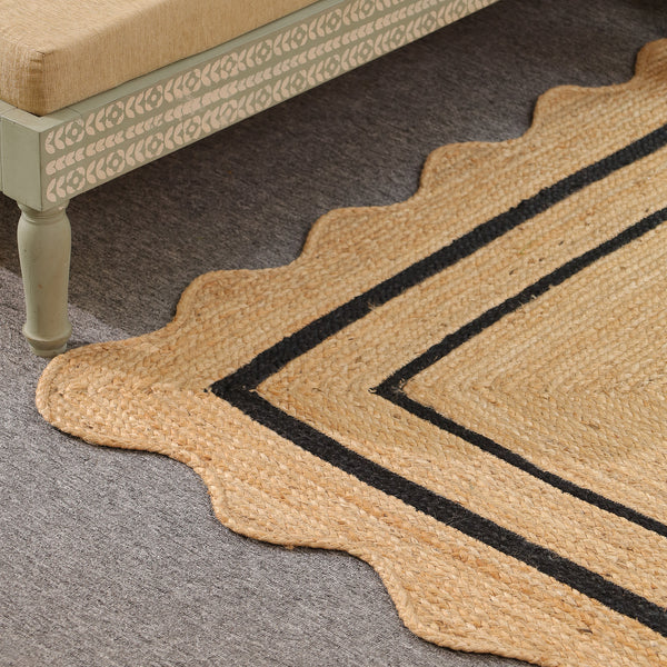 Handwoven Natural Jute Scalloped Border Rug | Handmade Black Border Area Rug | Eco-Friendly Boho Farmhouse Carpet