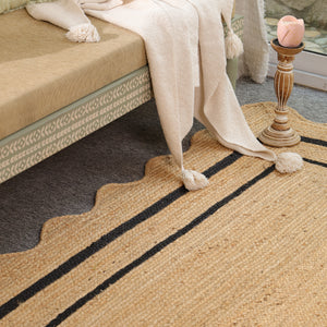 Handwoven Natural Jute Scalloped Border Rug | Handmade Black Border Area Rug | Eco-Friendly Boho Farmhouse Carpet