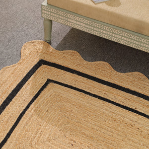 Handwoven Natural Jute Scalloped Border Rug | Handmade Black Border Area Rug | Eco-Friendly Boho Farmhouse Carpet