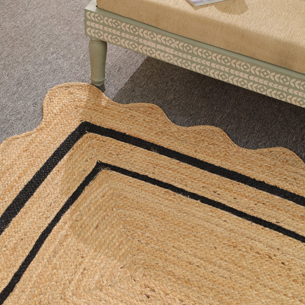 Handwoven Natural Jute Scalloped Border Rug | Handmade Black Border Area Rug | Eco-Friendly Boho Farmhouse Carpet