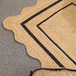 Handwoven Natural Jute Scalloped Border Rug | Handmade Black Border Area Rug | Eco-Friendly Boho Farmhouse Carpet