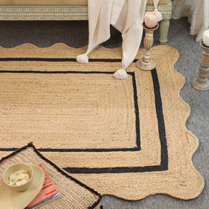 Handwoven Natural Jute Scalloped Border Rug | Handmade Black Border Area Rug | Eco-Friendly Boho Farmhouse Carpet