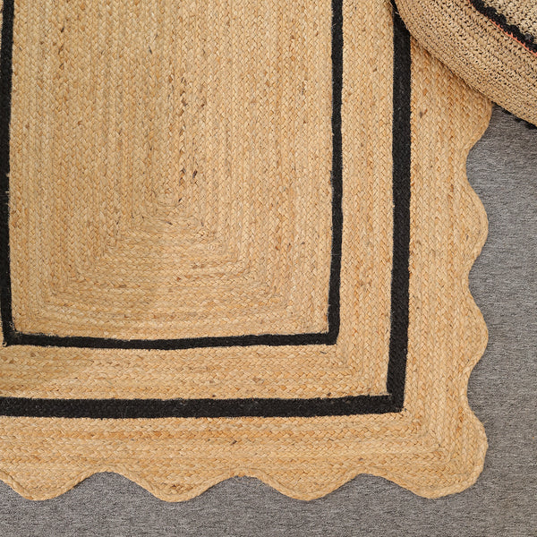 Handwoven Natural Jute Scalloped Border Rug | Handmade Black Border Area Rug | Eco-Friendly Boho Farmhouse Carpet