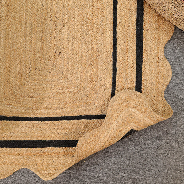 Handwoven Natural Jute Scalloped Border Rug | Handmade Black Border Area Rug | Eco-Friendly Boho Farmhouse Carpet