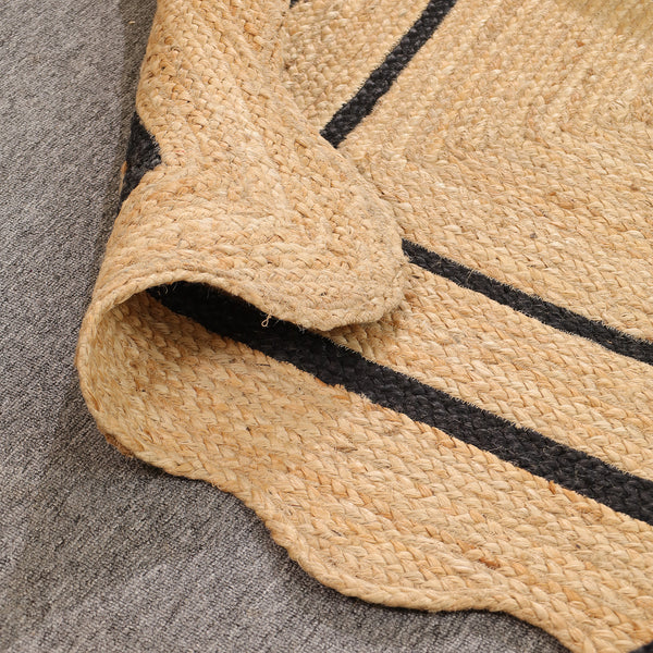 Handwoven Natural Jute Scalloped Border Rug | Handmade Black Border Area Rug | Eco-Friendly Boho Farmhouse Carpet