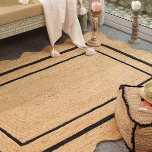Handwoven Natural Jute Scalloped Border Rug | Handmade Black Border Area Rug | Eco-Friendly Boho Farmhouse Carpet