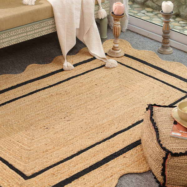 Handwoven Natural Jute Scalloped Border Rug | Handmade Black Border Area Rug | Eco-Friendly Boho Farmhouse Carpet