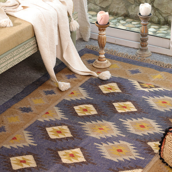 Handwoven Wool Kilim Area Rug | Handmade Southwestern Tribal Flatweave Rug | Boho Vintage Living Room Carpet