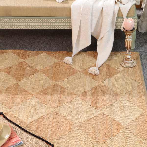 Handmade Geometric Wool & Jute Area Rug – Natural Beige Modern Handwoven Carpet for Living Room, Bedroom & Entryway