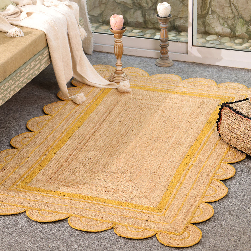 Handmade Natural Jute Rug with Yellow Border | Scalloped Edge Area Rug | Eco-Friendly Boho Living Room Carpet