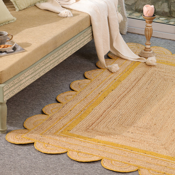 Handmade Natural Jute Rug with Yellow Border | Scalloped Edge Area Rug | Eco-Friendly Boho Living Room Carpet