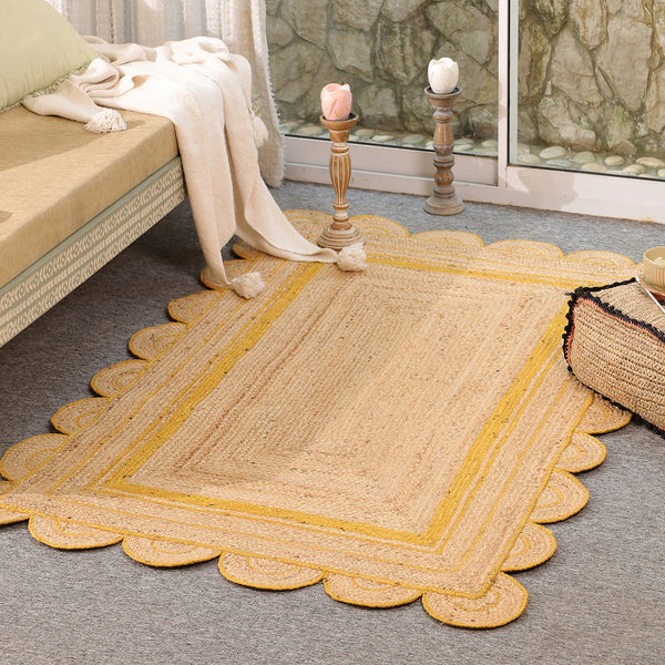 Handmade Natural Jute Rug with Yellow Border | Scalloped Edge Area Rug | Eco-Friendly Boho Living Room Carpet