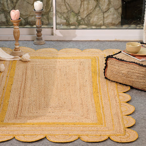 Handmade Natural Jute Rug with Yellow Border | Scalloped Edge Area Rug | Eco-Friendly Boho Living Room Carpet