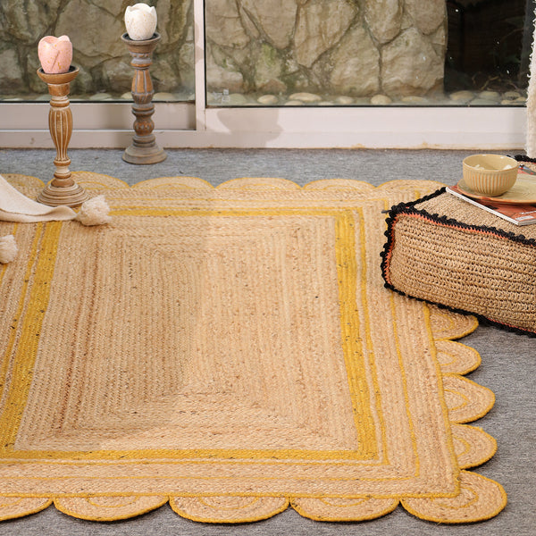 Handmade Natural Jute Rug with Yellow Border | Scalloped Edge Area Rug | Eco-Friendly Boho Living Room Carpet