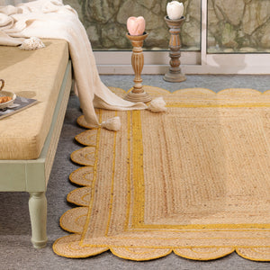 Handmade Natural Jute Rug with Yellow Border | Scalloped Edge Area Rug | Eco-Friendly Boho Living Room Carpet